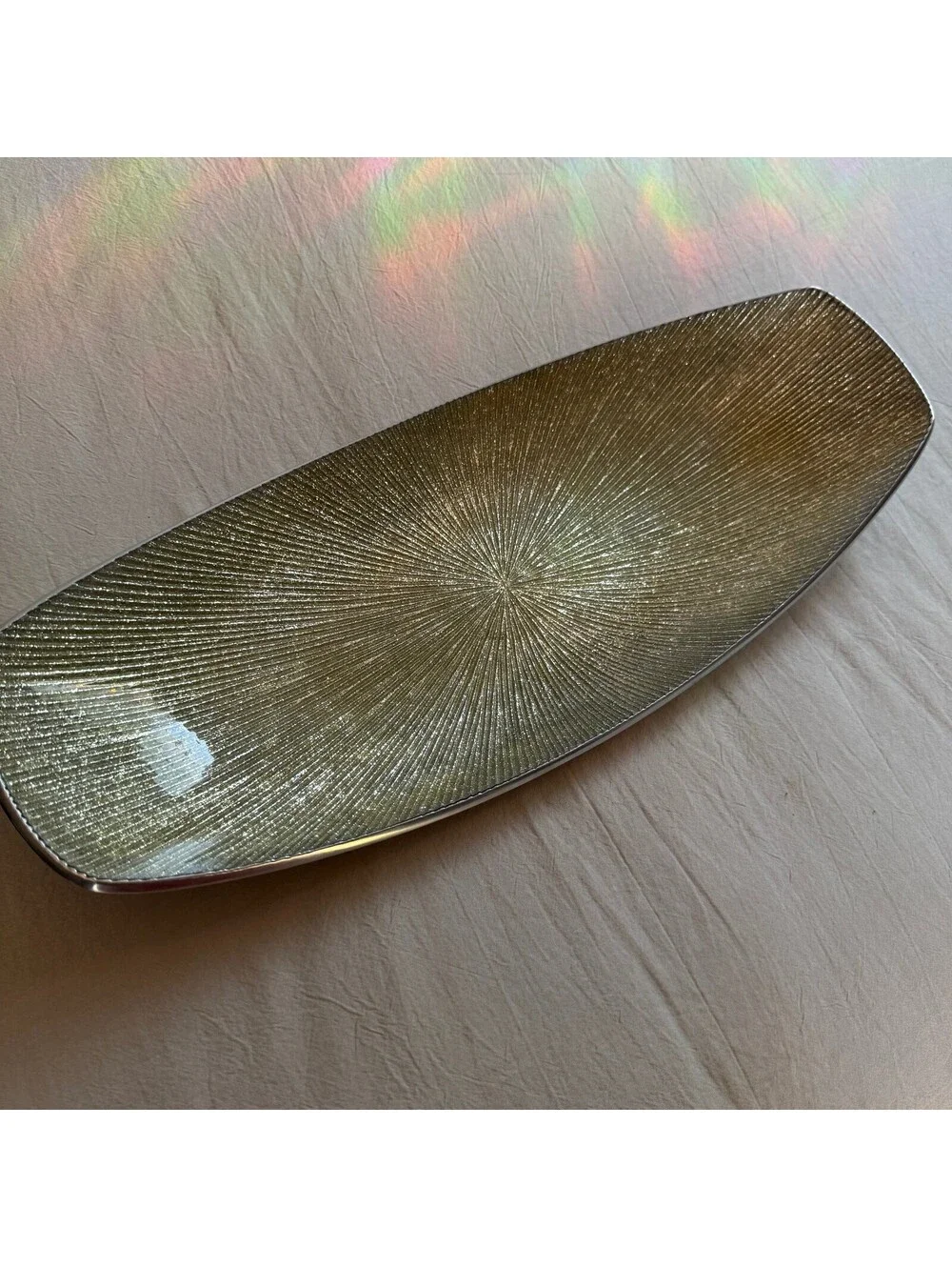 Simplydesignz Handcrafted Aluminum Oval Tray Silver Texture Sunburst Platter MCM